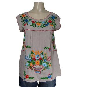 VTG EMBROIDERED Floral M Boho Hippie Festival Peasant Gypsy Fairy Folk Gauze Top
